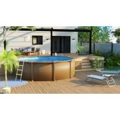 GRE Piscine Ronde Acier Gré Pacific Imitation Bois - 4,60 X 1,20 M -Fournitures De Piscine kit460w piscine ronde acier gre pacific imitation bois 460 120 ambiance 2