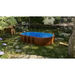 GRE Piscine Ovale Acier Gré Pacific Imitation Bois - 7,30 X 3,75 X 1,20 M -Fournitures De Piscine kit730w piscine ovale acier gre pacific imitation bois 730 375 120 ambiance 2